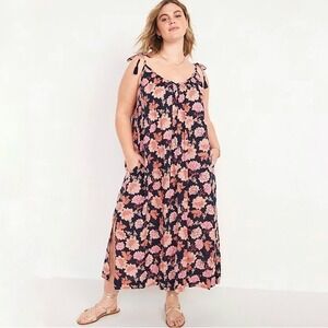 Old Navy | Navy Floral Cotton Rayon Tie Strap Maxi Dress Side Slit Size XL